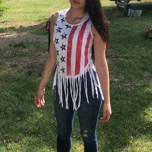 Fringe Star Tank Top Red White and Blue Size L